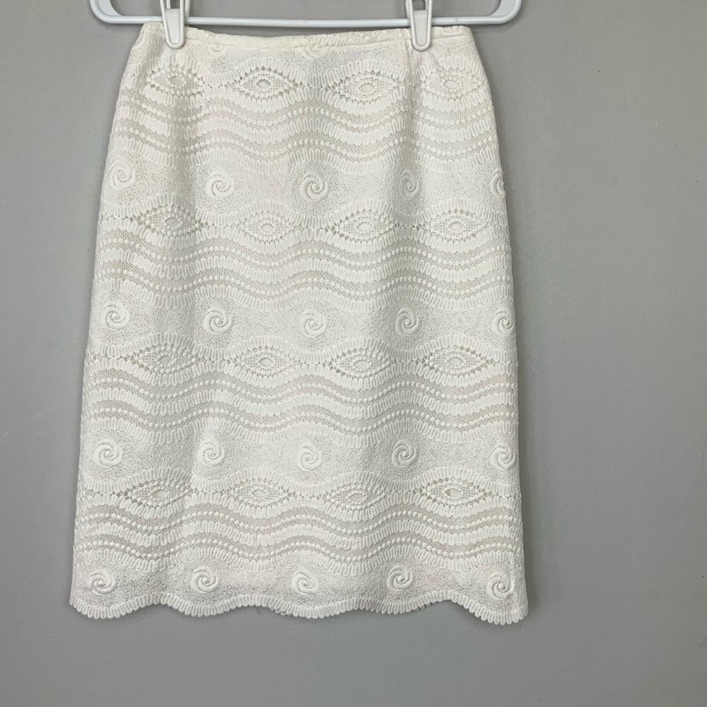 Tahari ASL Sz 2 White Scalloped Eyelet Embroidered Crochet Pencil Skirt
